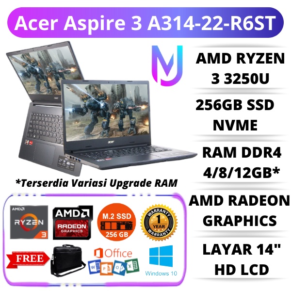 LAPTOP GAMING BARU ACER ASPIRE 3 A314-22-R6ST RYZEN 3 | 12GB DDR4 | 256GB SSD | 14" HD | BLACK | AMD