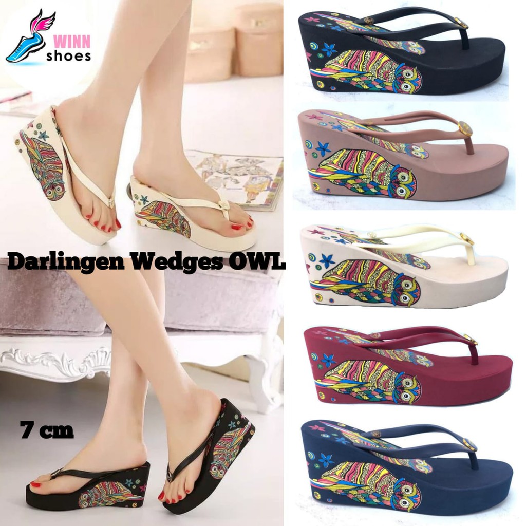 Darlingen Owl Sandal Wanita Wedges Import Terbaru Korea Jepit Tinggi 7cm