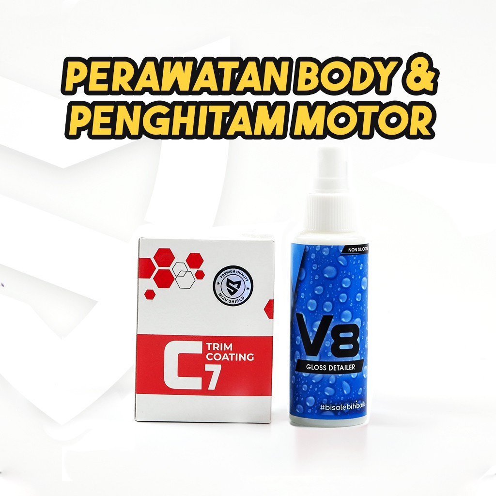 Pengkilap Body Motor & Mobil - Mizu Shield V8 - Pengkilap mobil/motor efek daun talas-90 ml + C7 Penghitam