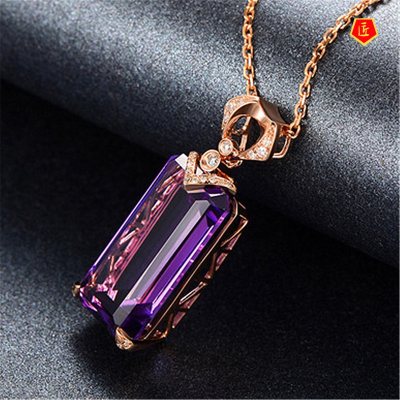 [Ready Stock]Luxurious Style Rectangular Amethyst Gemstone Pendant for Women