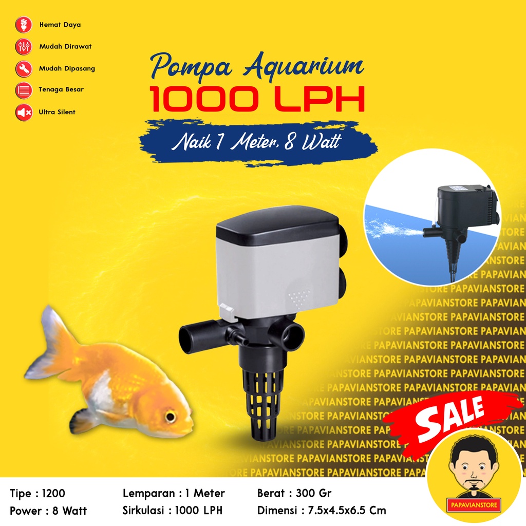 Pompa Mesin Aquarium Celup Filter Air Kolam Ikan Low Watt Tank Submersible Hidroponik Hydroponic Water Pump Waterfall Air Terjun Hias - 1000 2000 LPH Liter Per Jam 2 Meter Rendah Daya Ketinggian 2m P014