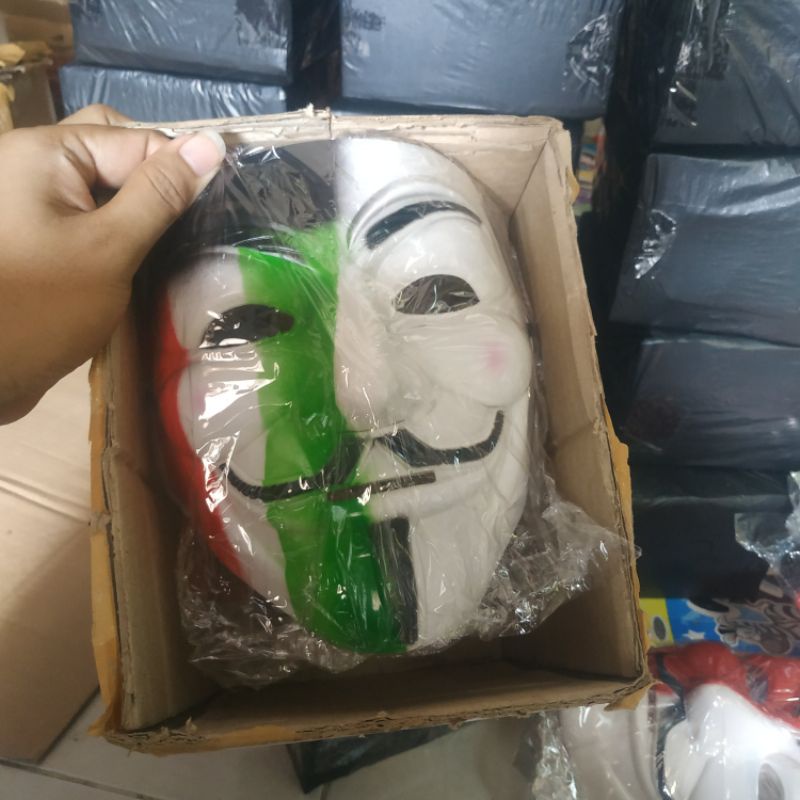 (Packing Box) Topeng anonymous italy/palestine warna hitam merah putih hijau topeng hacker murah