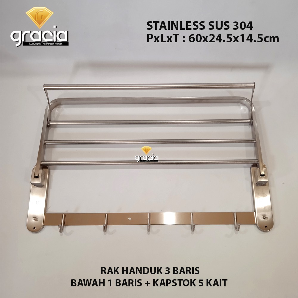 gantungan baju Rak Handuk / Gantungan Baju Handuk Stainless SUS 304 Anti Karat 5 Baris + Gantungan Baju 5Kait