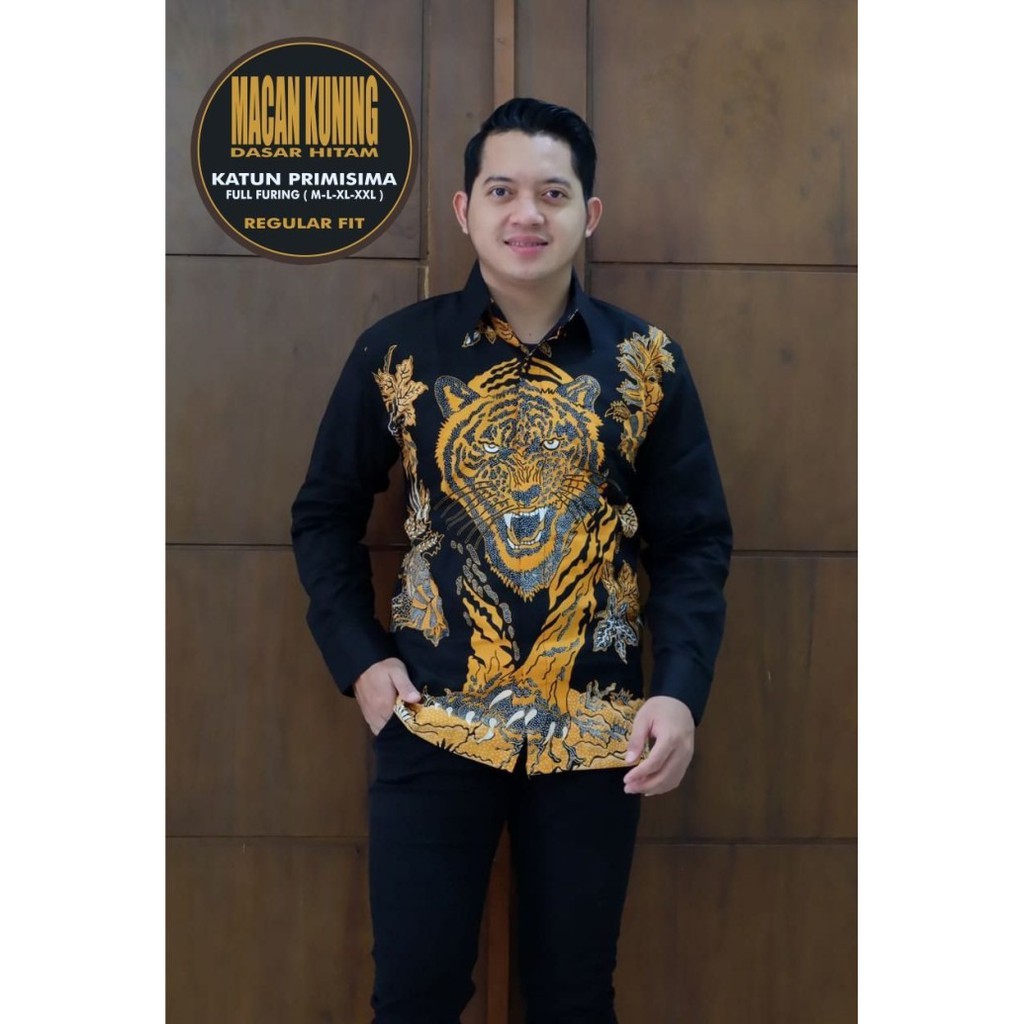 Macan Kuning Kemeja Batik Solo Lengan Panjang Harimau Sumatera Lapis Furing Premium Produsen Pabrik PUSPO GAGAH PARANG CENDONO SOGAN KEMBANG BIRU PERWIRA AJIBHANU ARIESWARA WAHYU TUMURUN ARINDA ARIESWARA GEBER IRENGAN BATIK SOLO AMANAH BATIKSOLOAMANAH