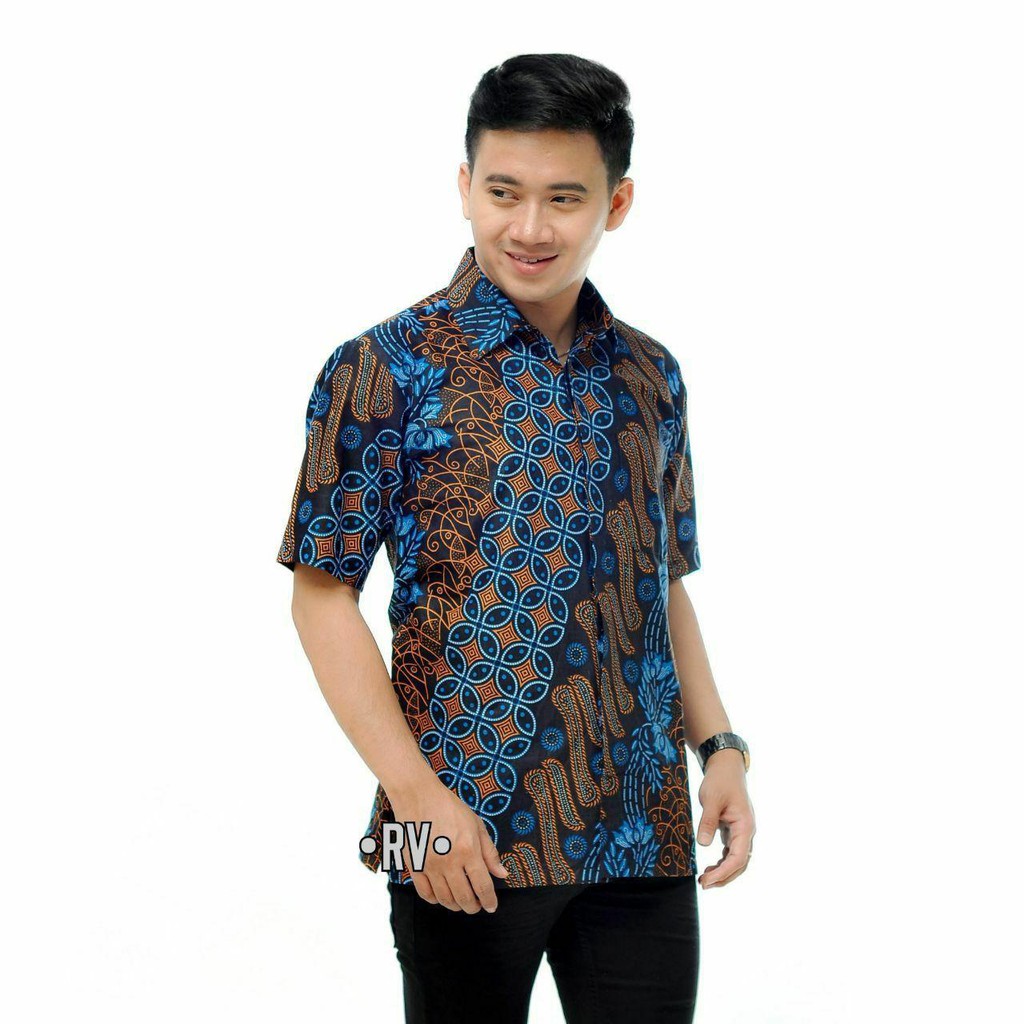 022 Zahira Batik HRB026 Kenongo Hem Kemeja Batik Pria Lengan Pendek  Katun Primis Halus M L XL-HEM-SENO BIRU