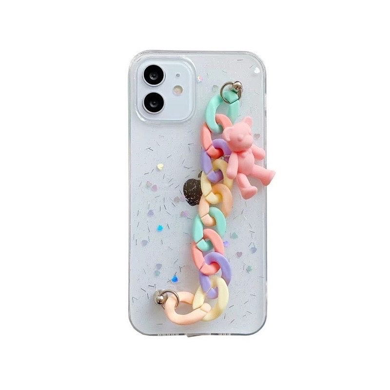 Transparan Glitter Case with Chain Pastel Bear Oppo Reno 7 6 5 4 3 2 Pro A54 A55 A76 5G 4G A33 A53 A5 A7 A9 2020 Redmi Note 10