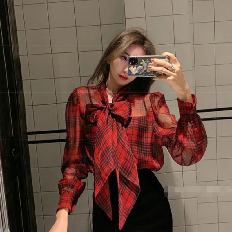 MDLV ~ 6303# Red Tartan Tie Neck Shirt Kemeja korea kemeja kotak kemeja merah kemeja Chiffon Kemeja Premium Fashion Import