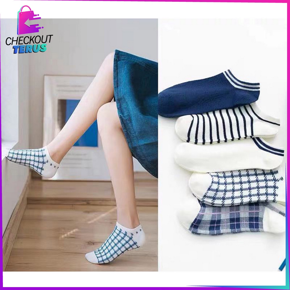 CT P187 Kaos Kaki Pendek Wanita Motif Kotak Biru Kaus Kaki Pendek Wanita Dewasa Fashion Korean Style