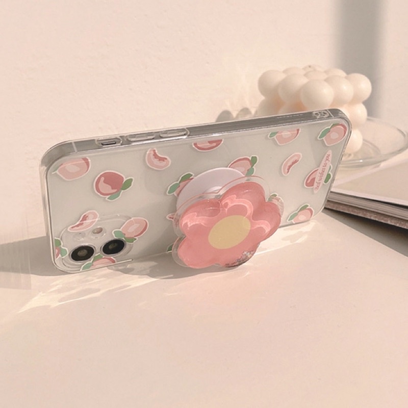 Transparant Peach with Flower Holder Softcase iphone 7/8+ XS XS Max XR 11 Pro Max 12 Pro Max