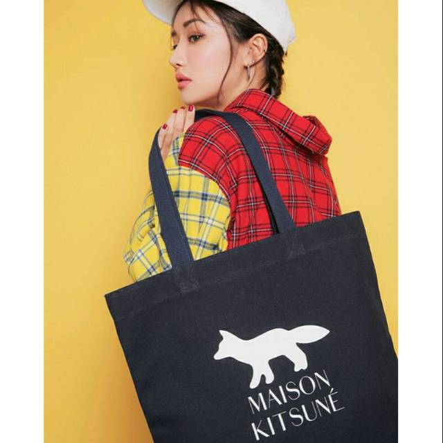 3ce Maison Kitsune Navy Red Tote Bag And Pouch Shopee Indonesia