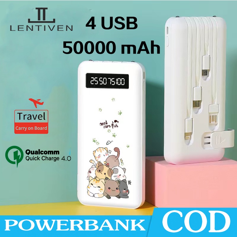 Powerbank 50000mAh 4 Cables Cute External Battery Mini Power Bank Dual USB LED Portable Fast Charger Real Capacity hohua