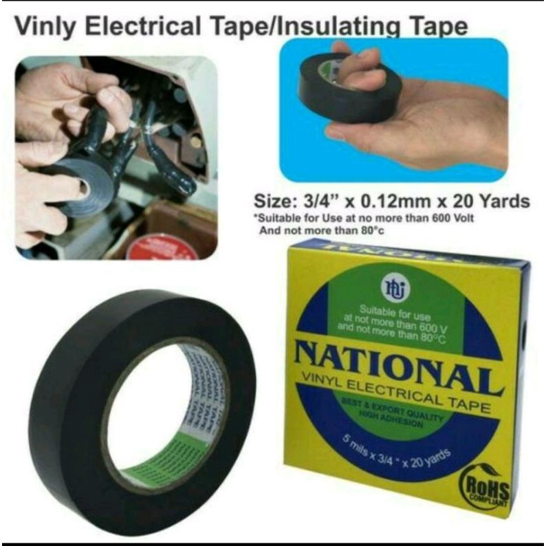 National Isolasi Listrik Hitam PVC 3/4&quot; x 20yard Vynil Electrical Tape Isolasi Kabel