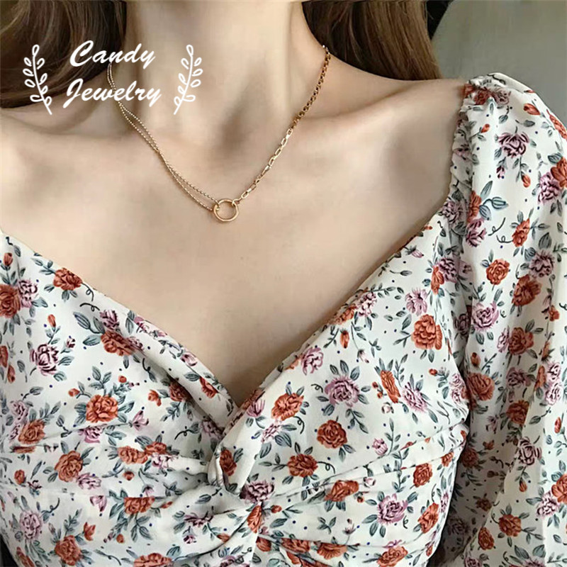 Kalung Choker Rantai Ganda Dengan Liontin Cincin Untuk Wanita