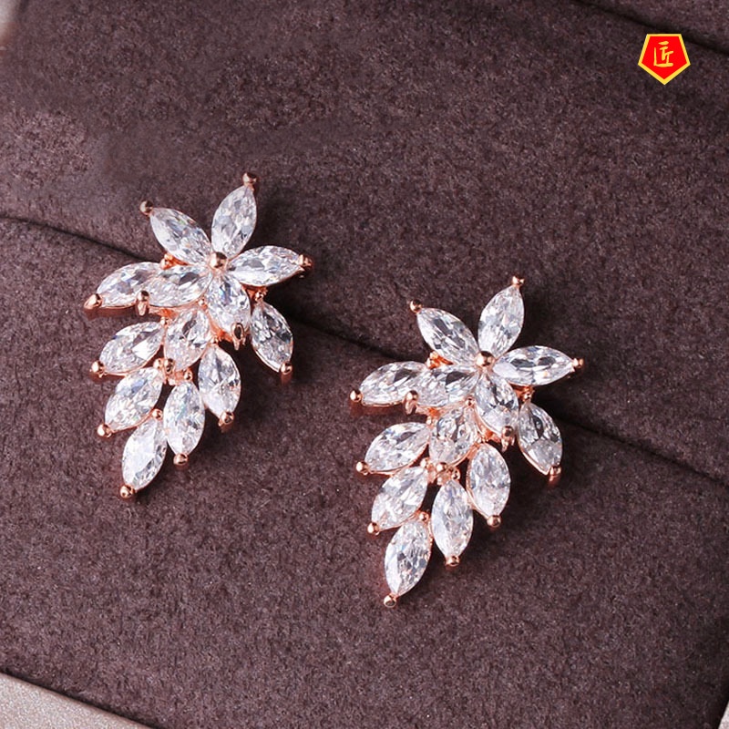 [Ready Stock]New Creative Leaves Bright Crystal Stud Earrings