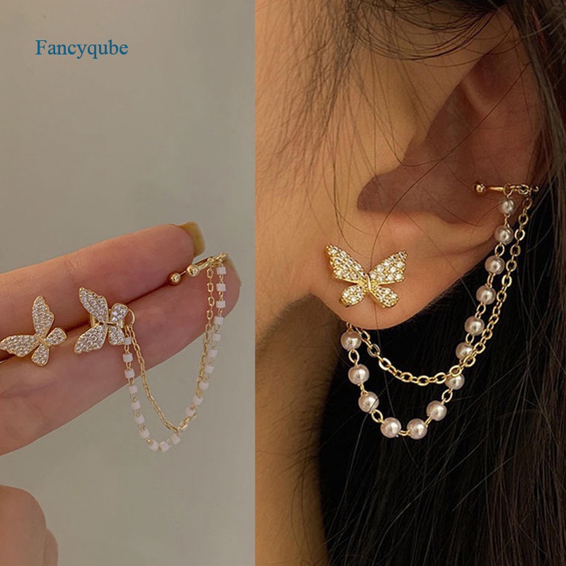 Fancyqube Anting Stud Desain Kupu-Kupu Aksen Berlian Imitasi Bahan Metal Gaya Korea Untuk Wanita