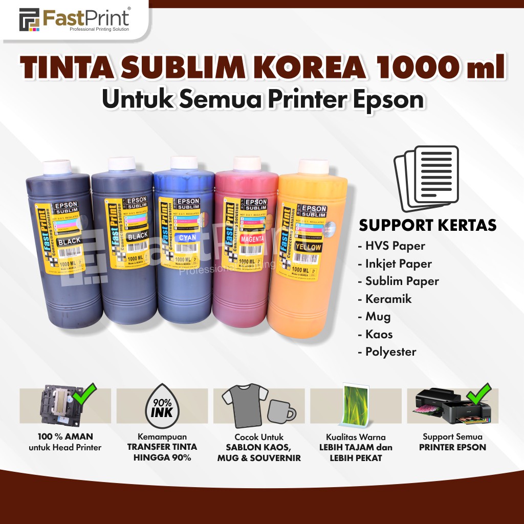 Fast Print Tinta Refill Sublim Sublime Korea Epson 1000 ML 1 Set 5 Warna