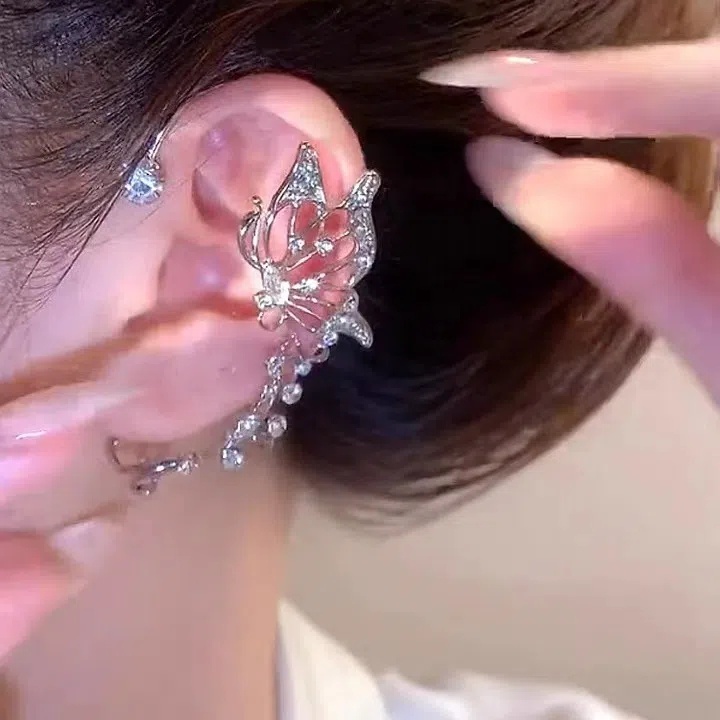 Anting Hoop Zircon Berlian Imitasi Model Kupu-Kupu Menjuntai Gaya Korea Untuk Wanita