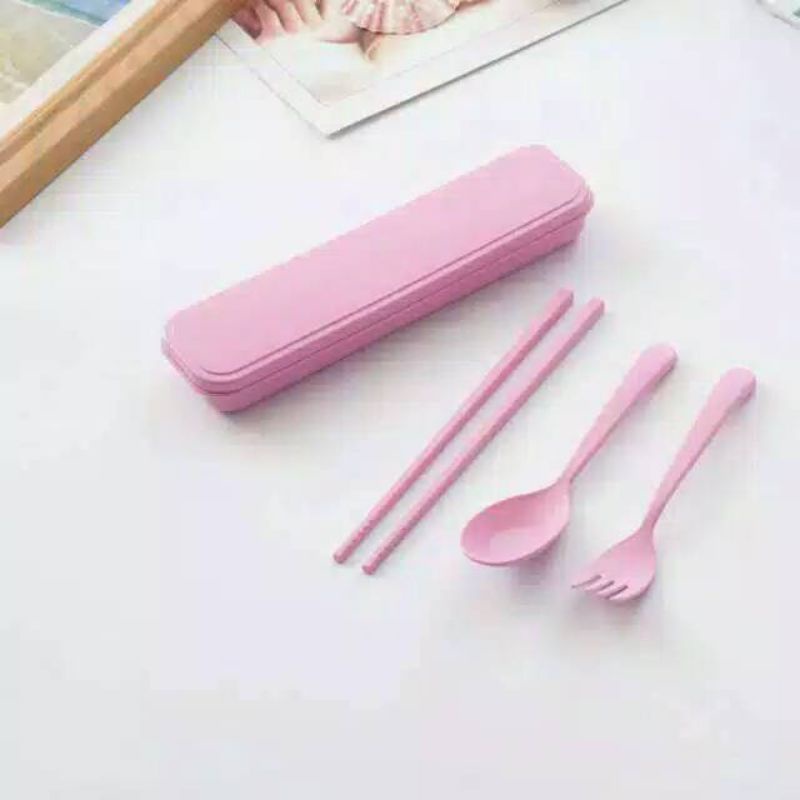 BS159 Sendok Garpu Sumpit Set Travel / Sendok Makan Jerami Gandum