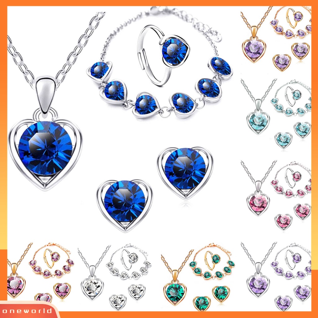 4pcs / Set Perhiasan Kalung Anting Gelang Cincin Liontin Hati Berlian Imitasi Berkilau Dapat Disesuaikan Untuk Wanita