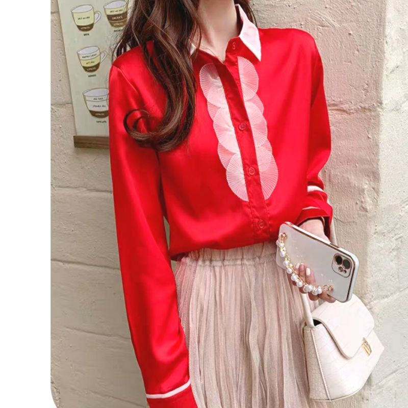 MDLV ~ 0949# CNY Moira Lace Placket Shirt Premium Kemeja Merah Import Fashion Import