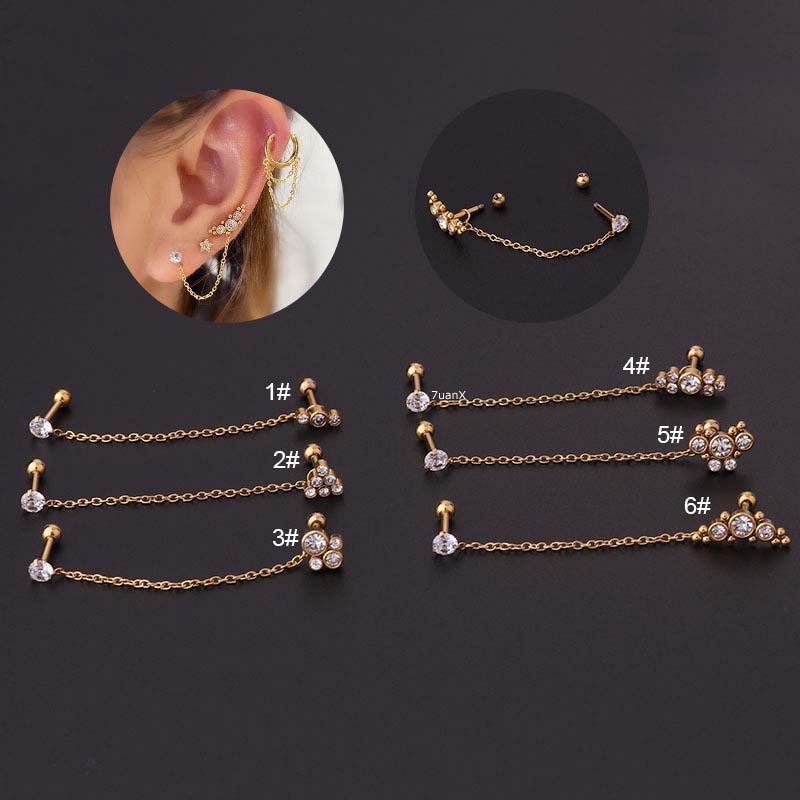 1 Piece 16gauge Chain Helix Upper Lobe Piercing Stud Earring Stainless Steel with Zircon