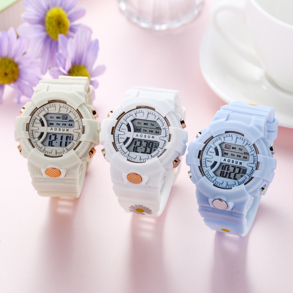 ✅COD Jam Tangan Digital Wanita Pria Fashion Sport Gaya Bunga Aster Kecil Rubber Bulat Watch LED Murah S1174