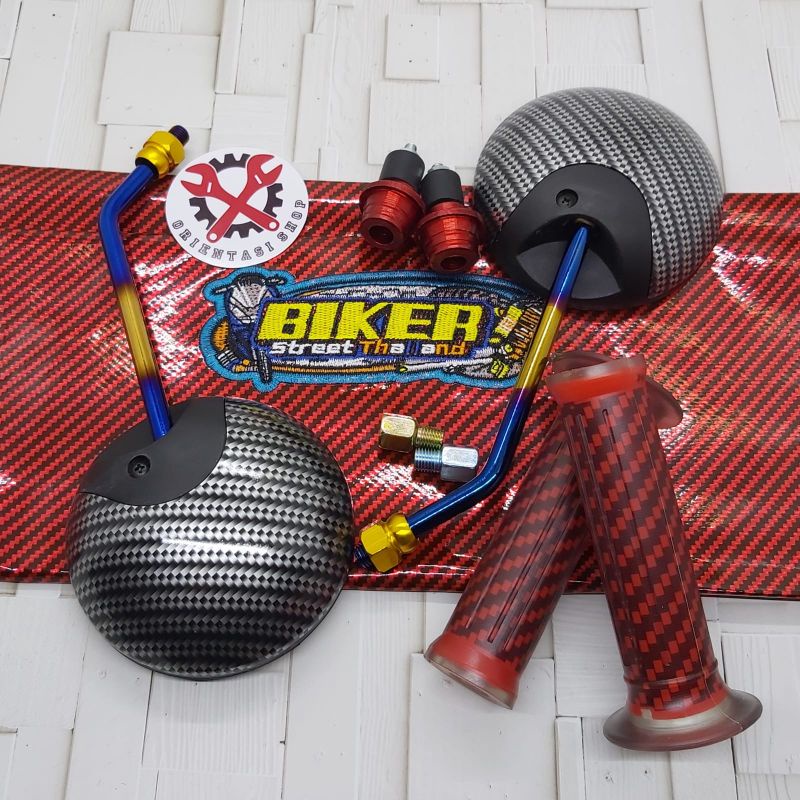 spion bulat Scoopy Carbon twotone+kulit jok biker+handgrip Carbon+Jalu stang universal motor Honda