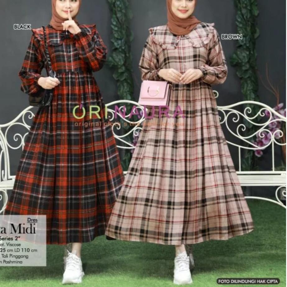 MIDI DRES PREMIUM MOTIF KOTAK BAHAN KATUN RAYON  UKURAN BESAR PERLENGKAPAN PAKAIAN WANITA BISA COD//
