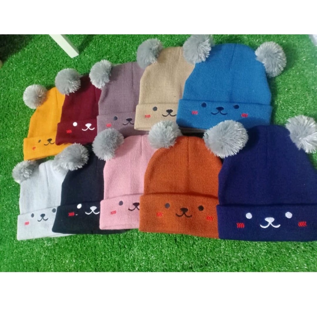 Kupluk bayi PUPPY rajut pompom topi anak rajut 0 sampai 3 tahun lucu