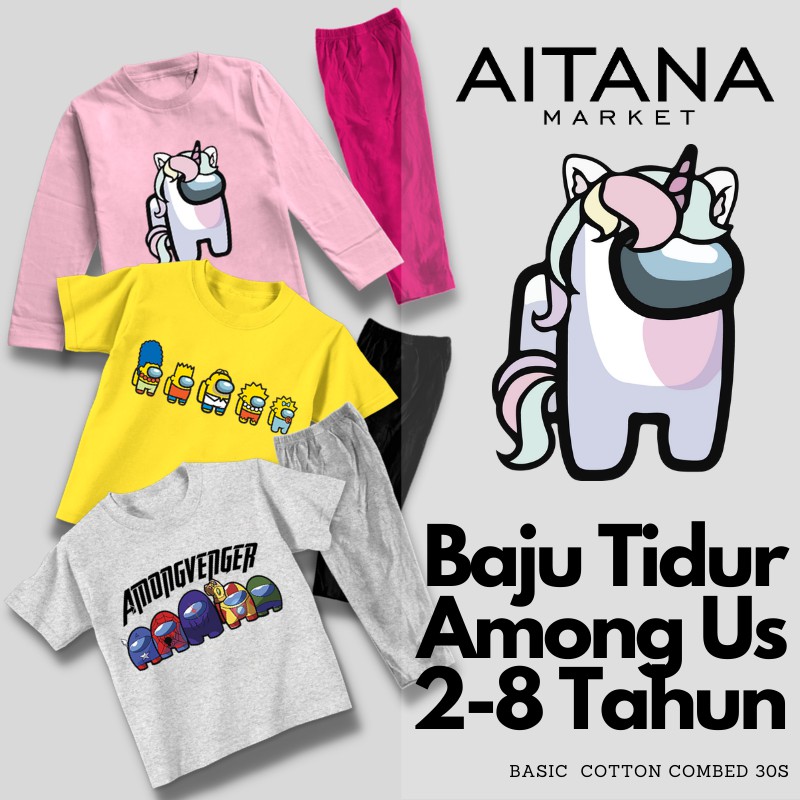 Baju Tidur Piyama Untuk Anak Usia 2-8 Tahun Gambar Among Us Unicorn Simpson Amongvenger Katun 30s