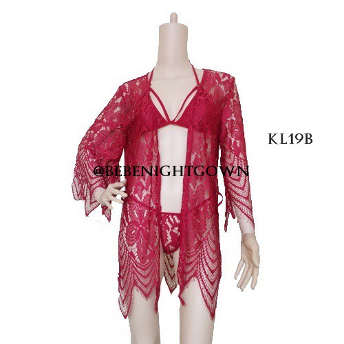 SET BAJU TIDUR KIMONO SEXY LINGERIE LACE BROKAT PREMIUM BRA+ CD MERAH KL19B