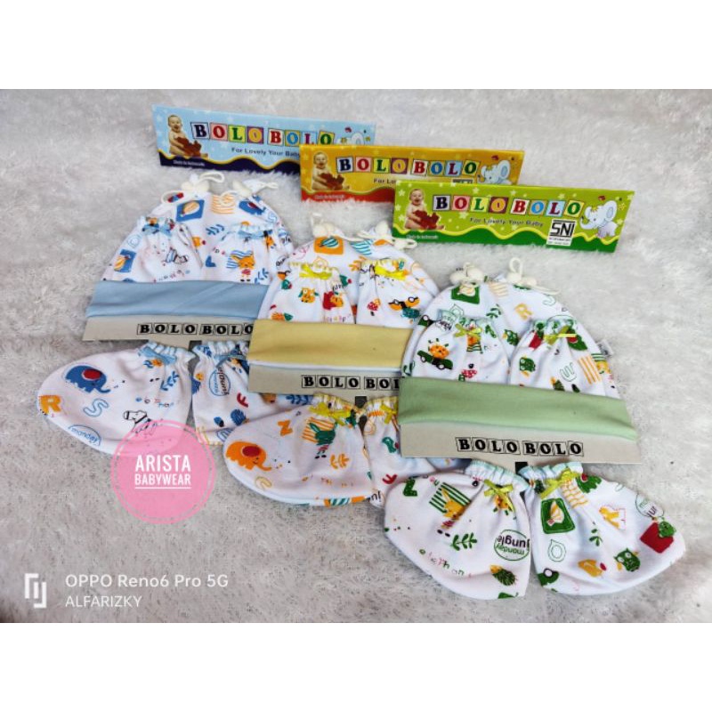 SNI BOLOBOLO - SET topi+Sartaki bayi PUTIH MOTIF