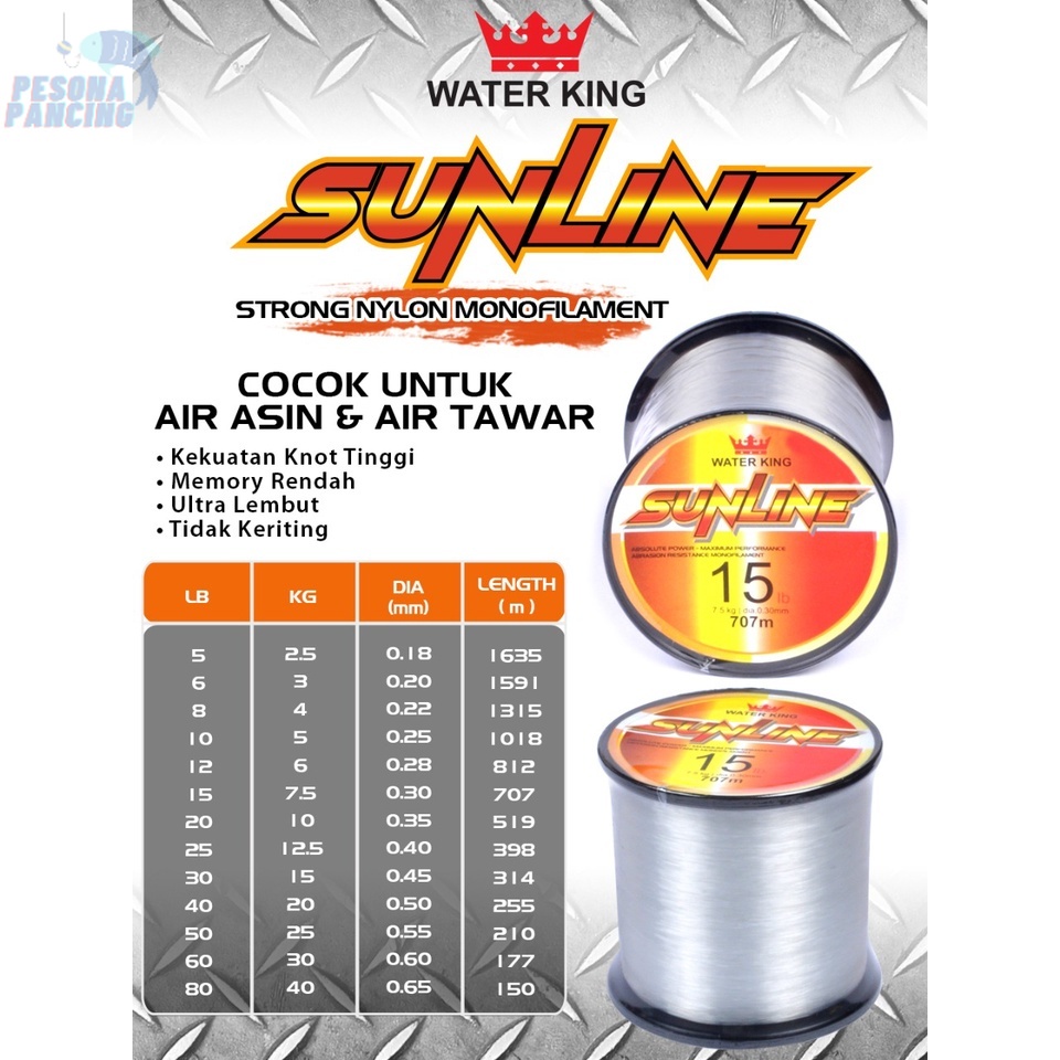 SENAR PANCING  WATER KING SUNLINE  WARNA CLEAR CEPAT TENGGELAM SPOOL 1/8 UKURAN 0.18MM - 0.65MM