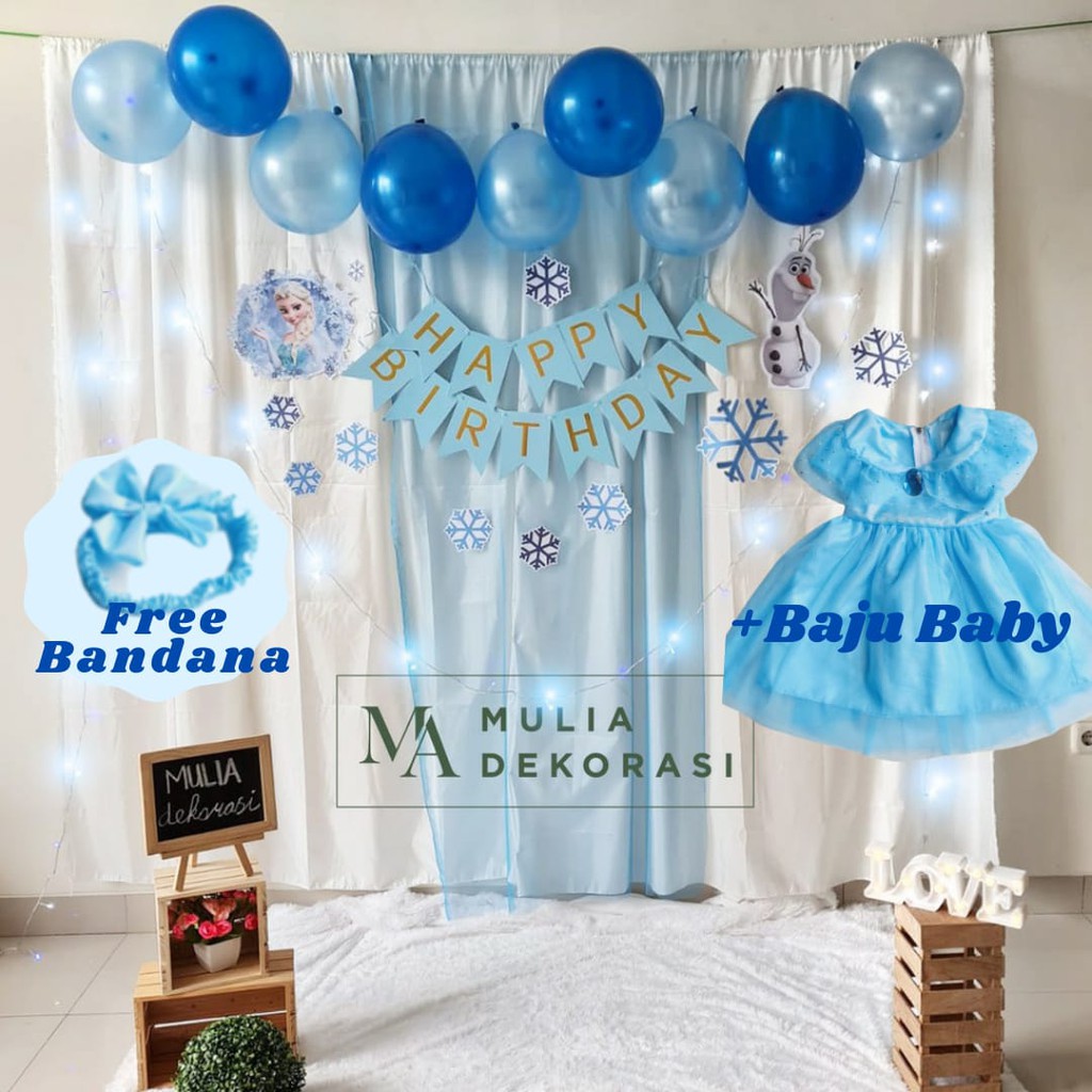 Backdrop Dekorasi Ulang Tahun Aqiqah Pesta Anak Paket Frozen + Dress Gamis Bayi Anak