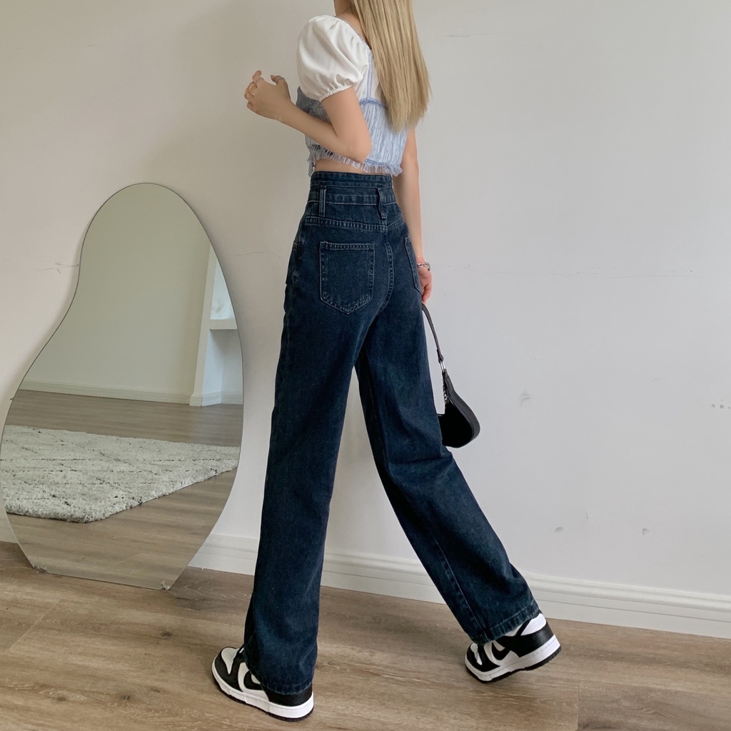 Blue black/Blue longgar korean boyfriend new celana jeans high waist jeans import