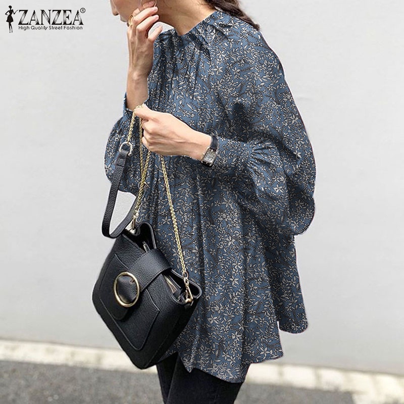 ZANZEA Women Puff Sleeve Casual Loose Back Buttons Printed Blouse