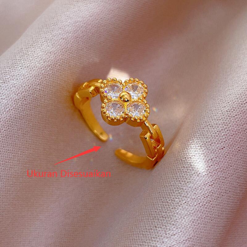 Cincin Titanium (Terbuka) Bunga Keberuntungan Cantik Berlian Lapis Emas 18K Perhiasan Wanita Korea