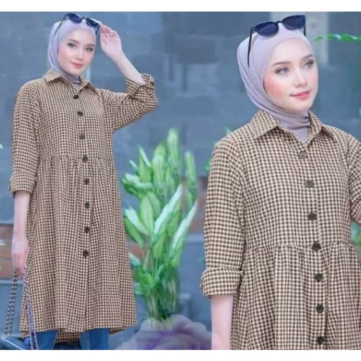 Atasan Wanita Motif Kotak Kotak Flanel Baju Carla Tunik