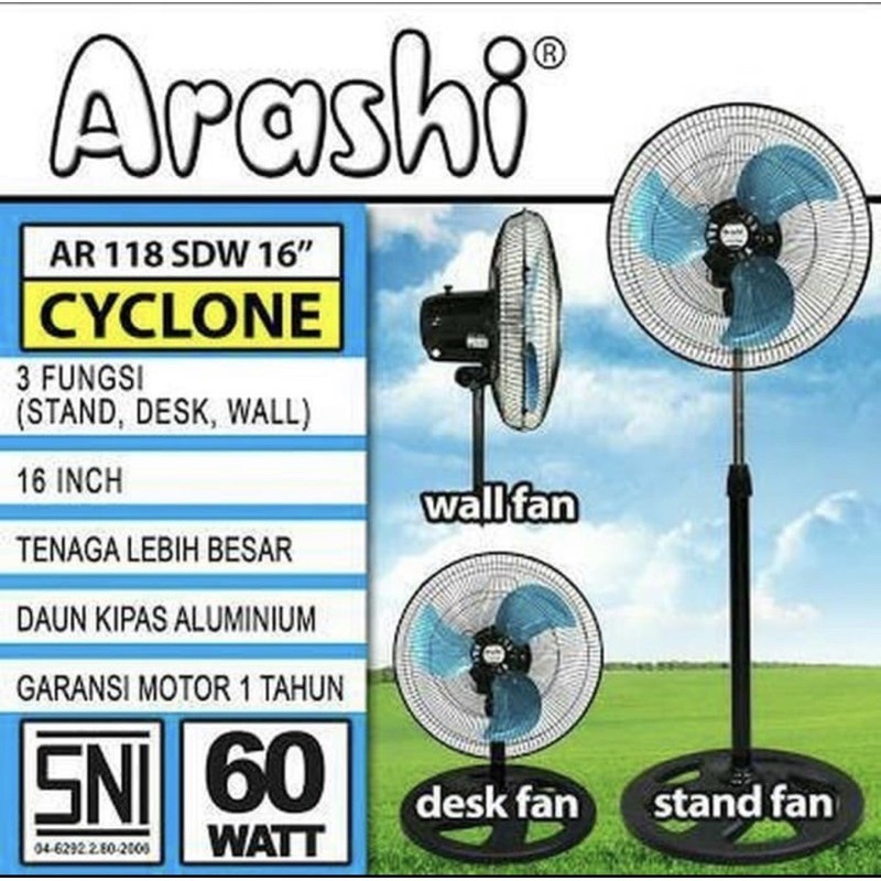 ARASHI CYCLONE KIPAS ANGIN 3 FUNGSI 18 INCH/16 INCH - AR 118 SDW