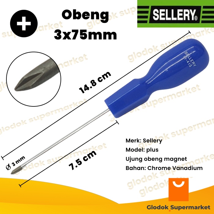 Obeng Plus 3 inch Sellery 11-413 Diameter 3mm Panjang Besi 7.5cm Magnet