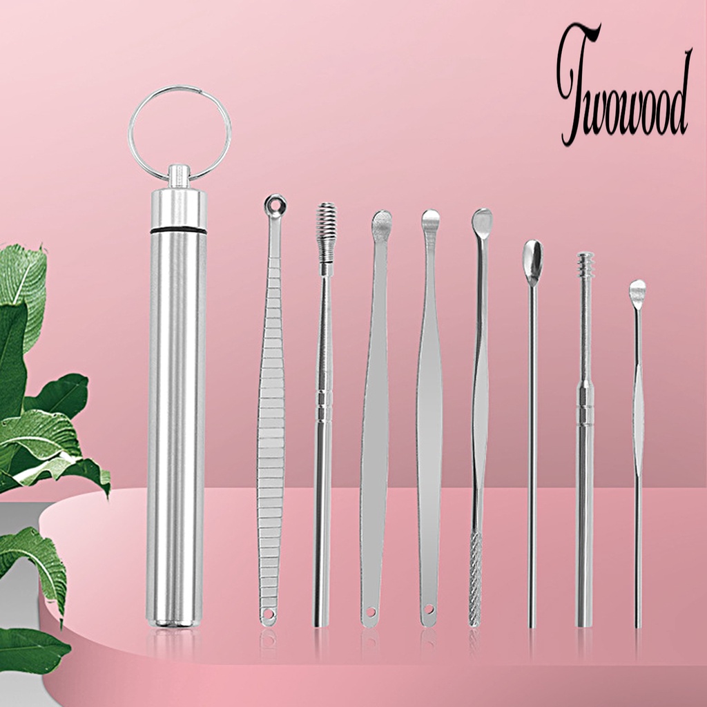 8pcs / Set Earpick Bahan Stainless Steel Anti Slip Reusable Untuk Perawatan Telinga