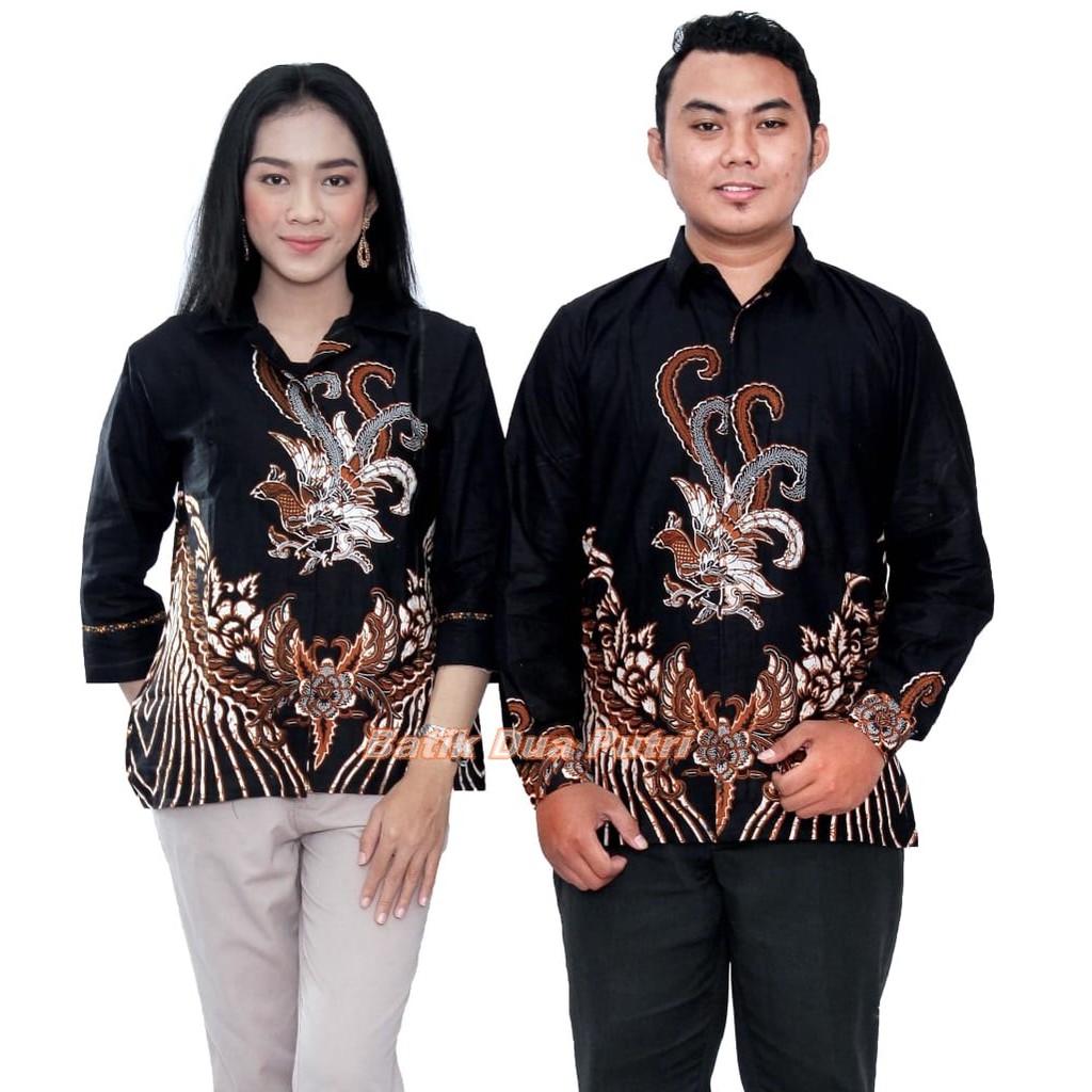 Couple Batik Blouse Wanita Lengan 7/8 &amp; Kemeja Batik Pria Lengan Panjang Size S-M-L-XL-XXL-3L-4L-5L