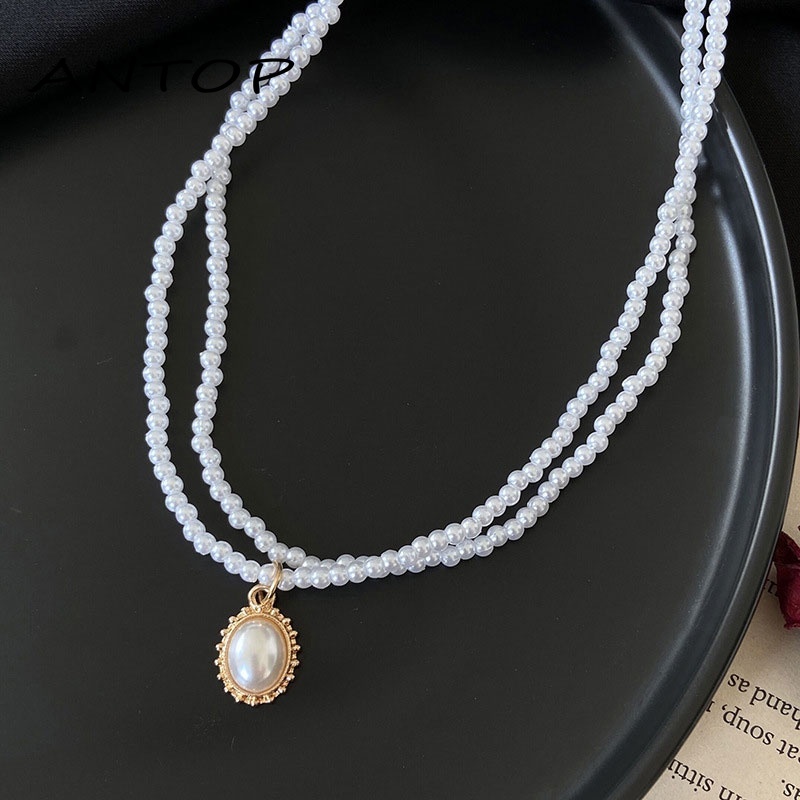Kalung Choker Rantai Klavikula Hias Mutiara Ganda Gaya Vintage Untuk Perhiasan ANTOP