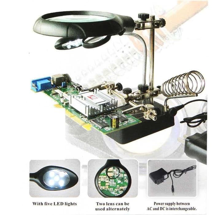 Helping Hand Alat Pegangan Solder Kaca Pembesar plus Lampu LED