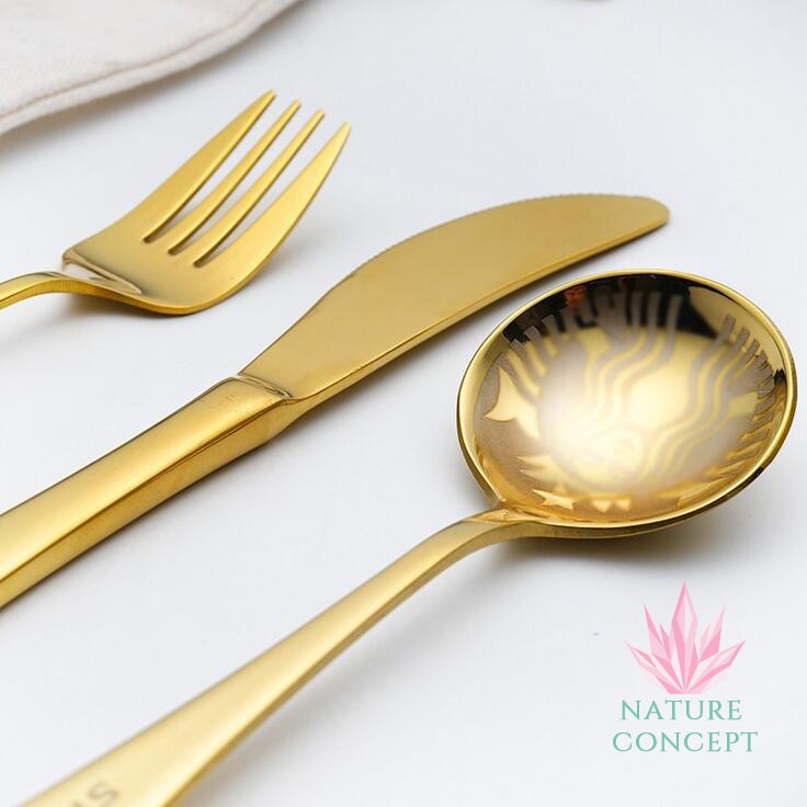 Sendok Garpu Pisau Set Starbucks Stainless Gold Peralatan Makan Set