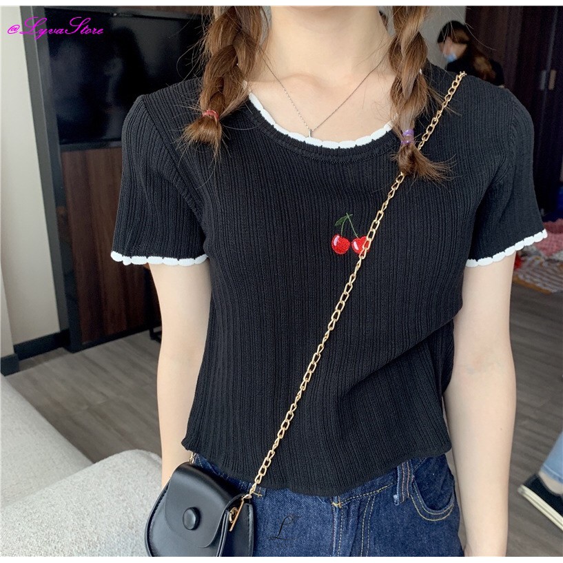 Atasan Wanita Import Kaos Lengan Pendek T Shirt Rajut Knit LV067