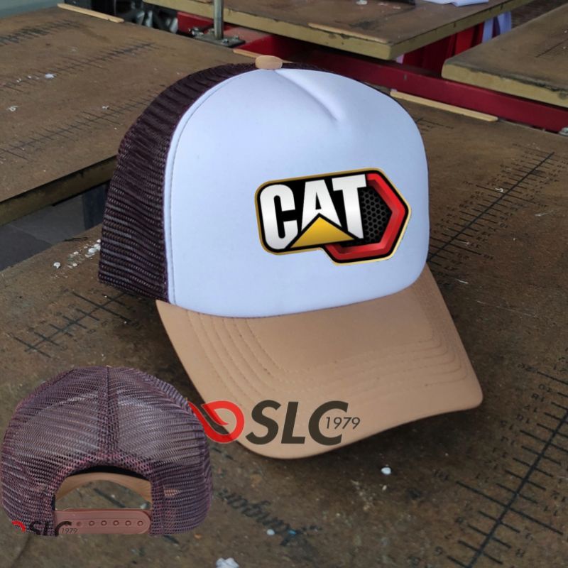 TOPI JARING TRUCKER HAT CAP PREMIUM CATERPILLAR CUSTOM NAMA LOGO SENDIRI