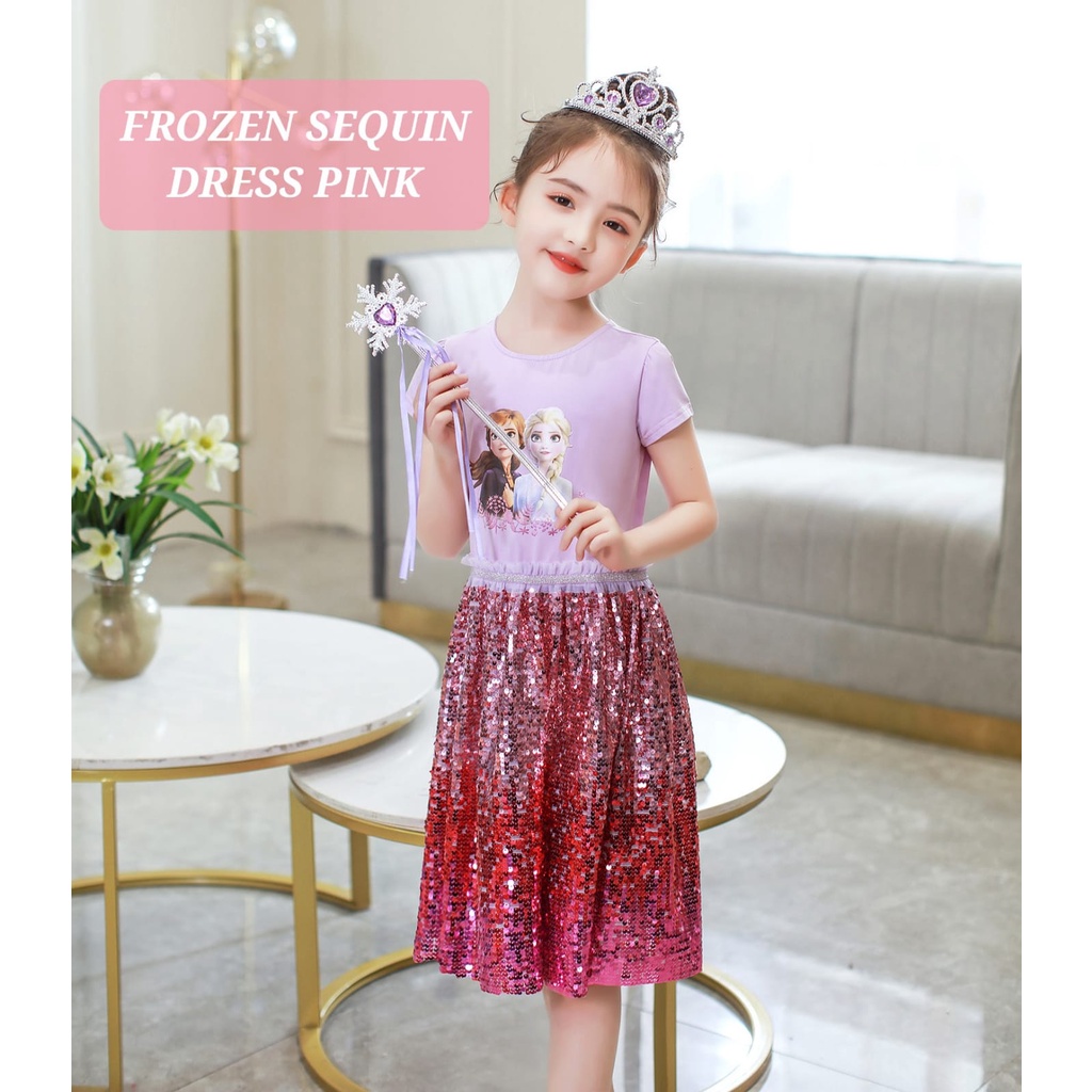 BAJUKIDDIE FROZEN SEQUIN DRESS PINK BAJU ELSA ANNA CASUAL KOREA IMPORT GAUN SANTAI DAILY