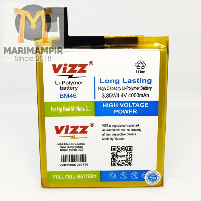 Marimampir Baterai Batre Vizz Xiaomi Redmi Note 3 / Redmi Note 3 Pro BM46 Original Vizz