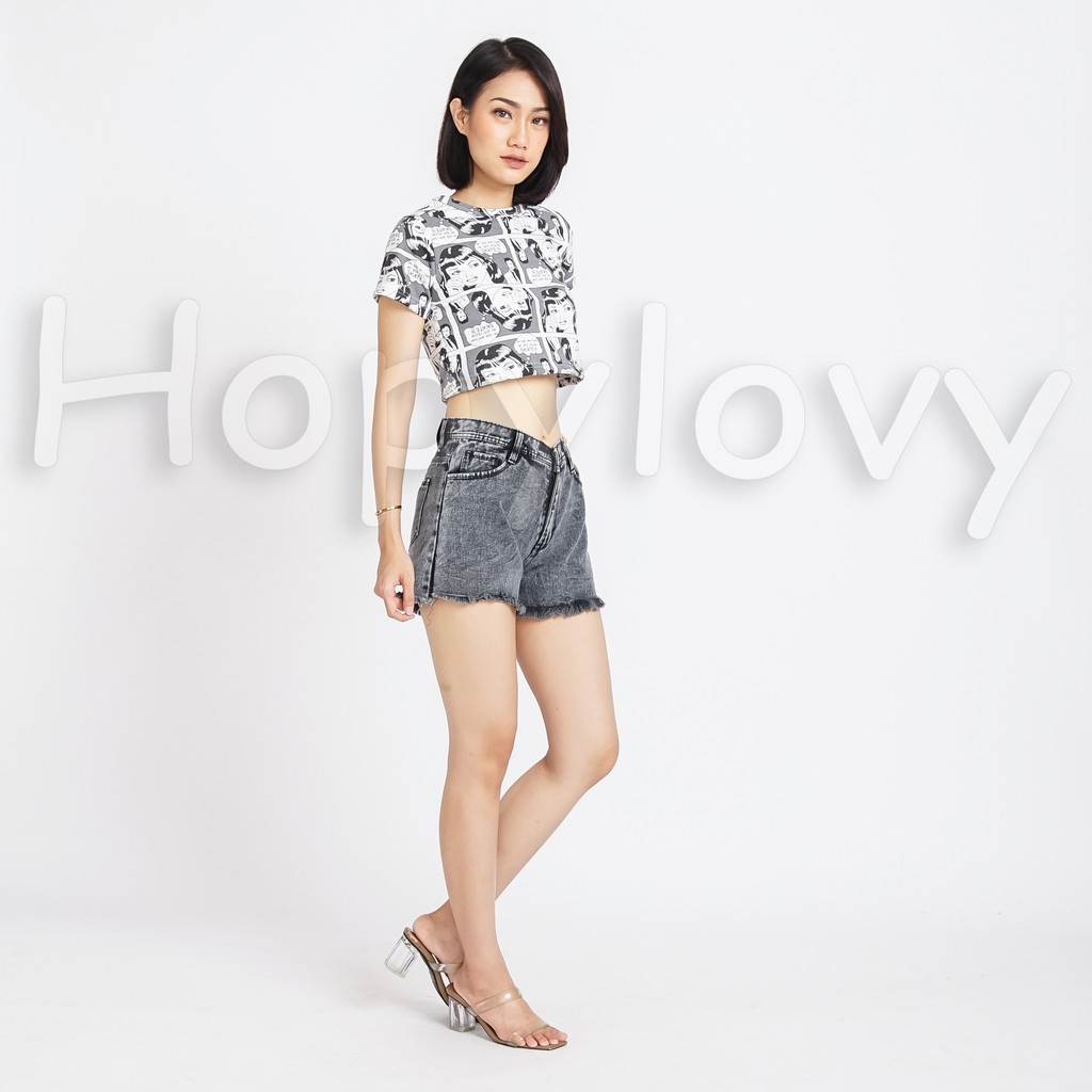 HOPYLOVY Rawis Sexy Jeans Celana Gemes / Hot Pants Celana Pendek Wanita Highwaist Warna Snow